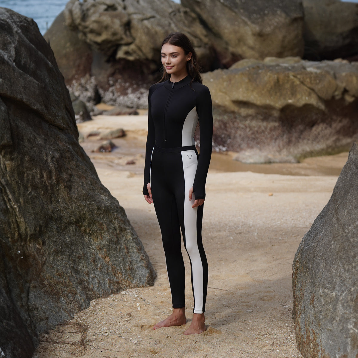 SS2024 BLACK WITH WHITE SIDE STRIPE BODYSUIT UV UPF 50+