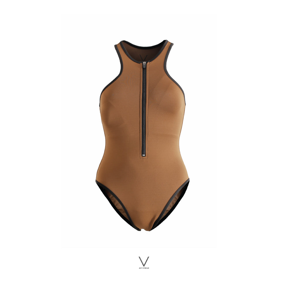 SS2025 FRON ZIP SWIMMING SUIT WOODEN BROWN UV UPF 50+
