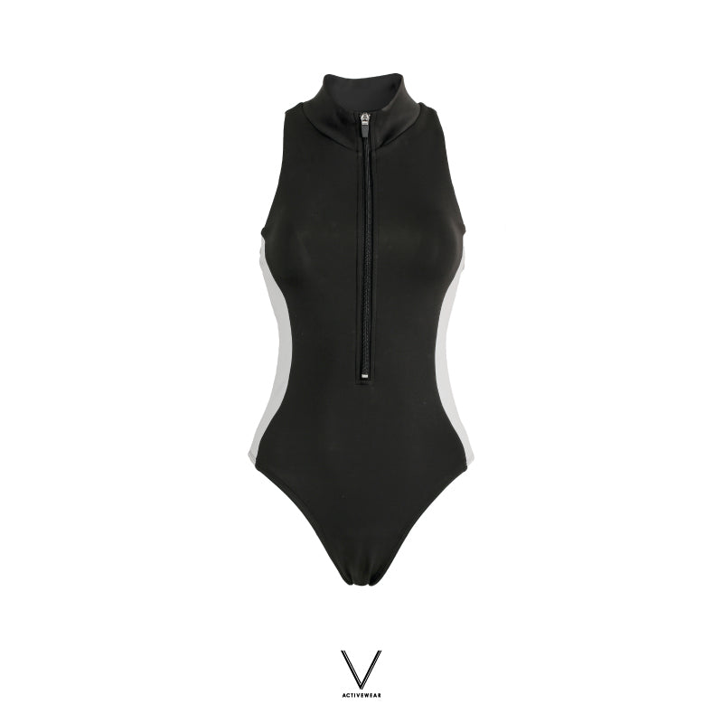 SS2024 WHITE SWIMMING SUIT WITH BLACK SIDE STRIPE UV UPF 50+