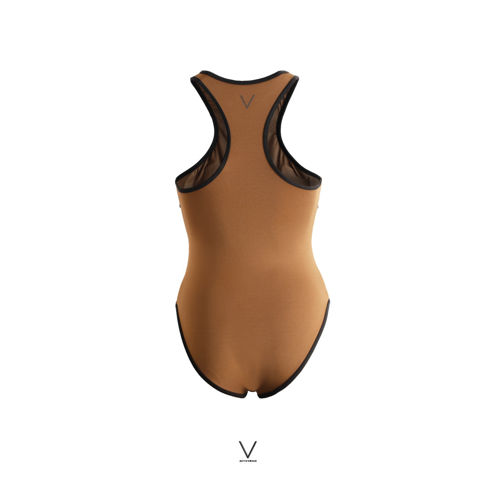 SS2025 FRON ZIP SWIMMING SUIT WOODEN BROWN UV UPF 50+