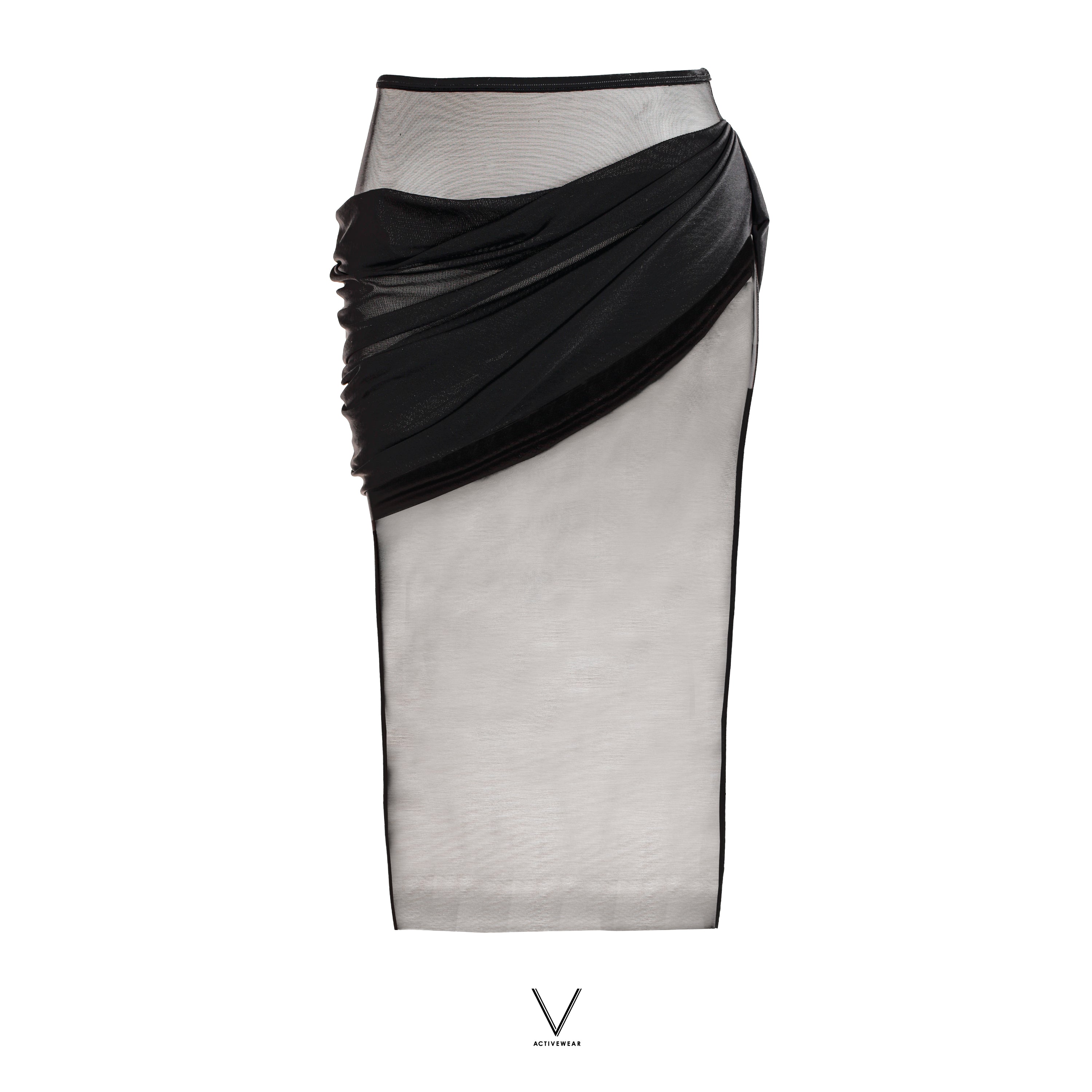SS2026 BLACK DRAPED POWER NET LONG SKIRT