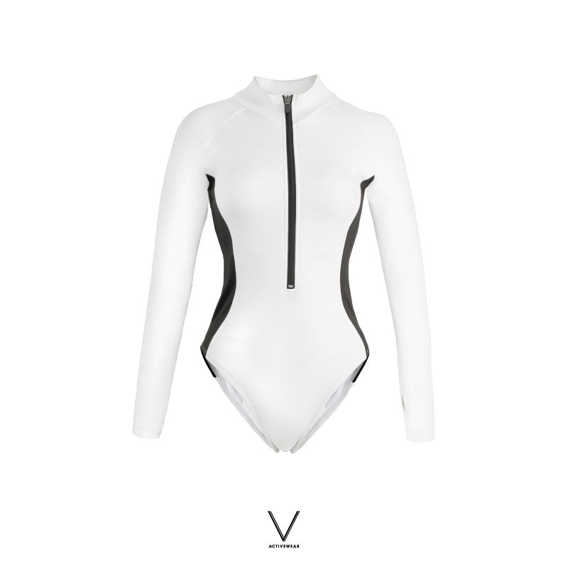 SS2024 WHITE WITH BLACK SIDE STRIPE BODYSUIT UV UPF 50+