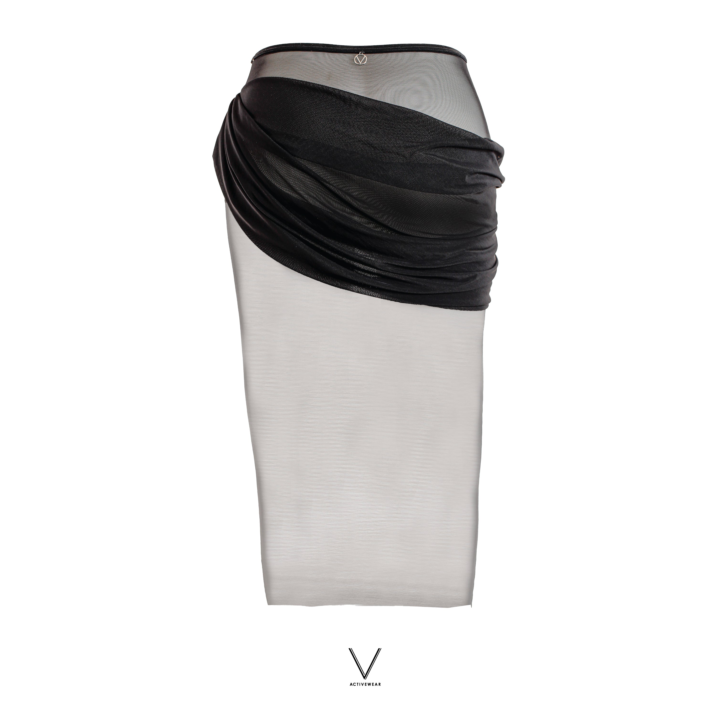 SS2026 BLACK DRAPED POWER NET LONG SKIRT