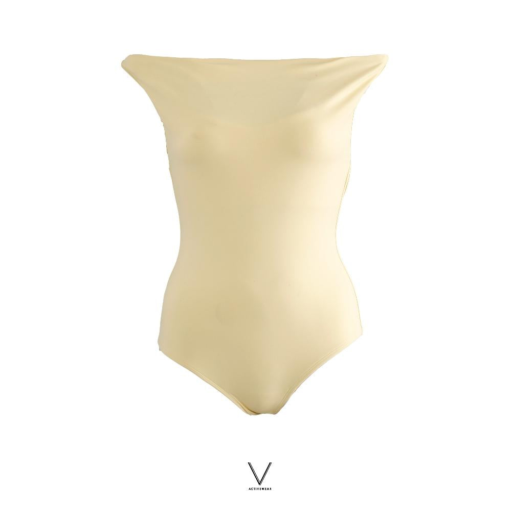 SS2026 PASTEL YELLOW DRAPED NECK SWIMMING SUIT UPF 50+