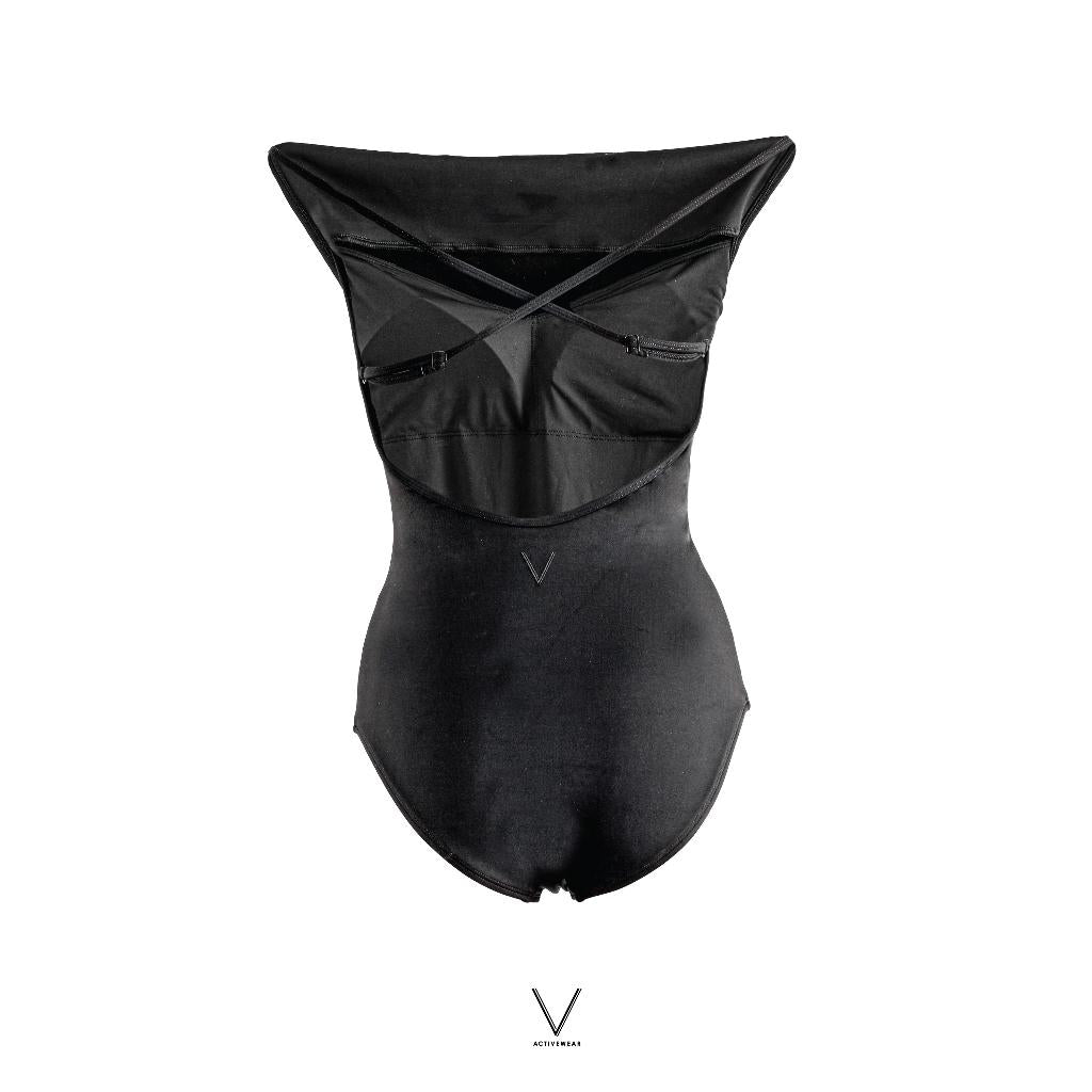 SS2026 BLACK DRAPED NECK SWIMMING SUIT UV UPF 50+
