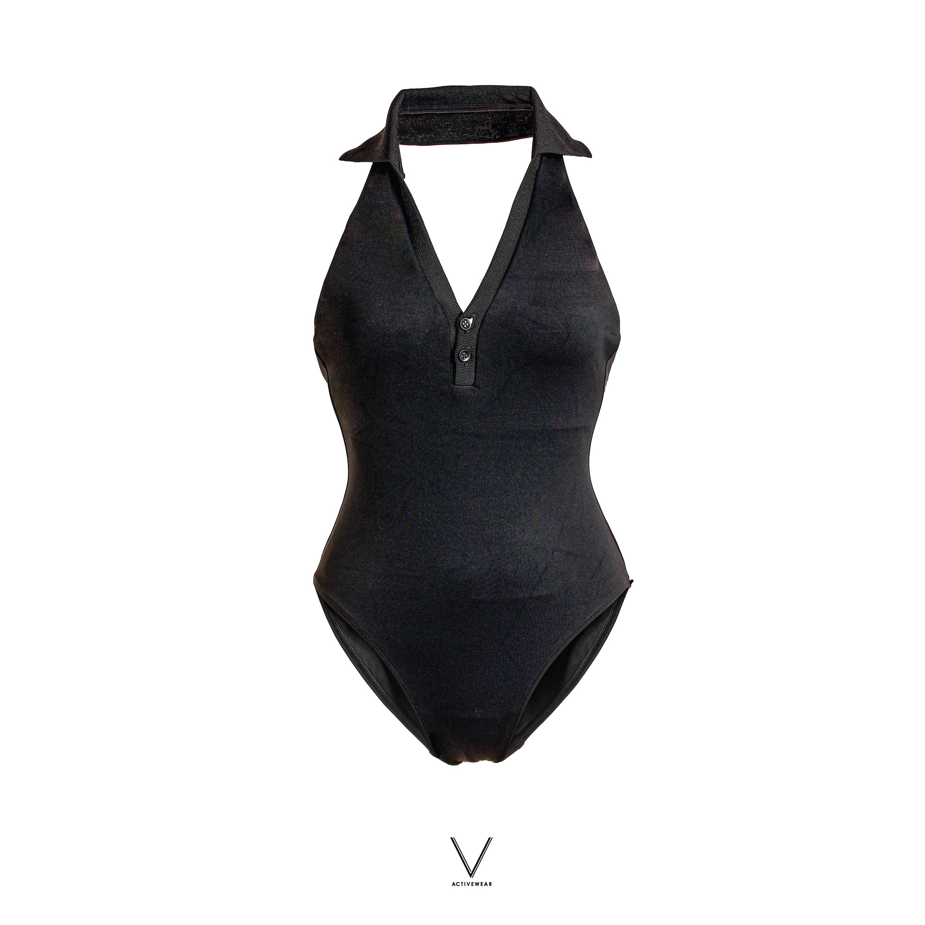 SS2026 BLACK HALTER NECK WITH COLLAR SWIMMING SUIT UV UPF 50+