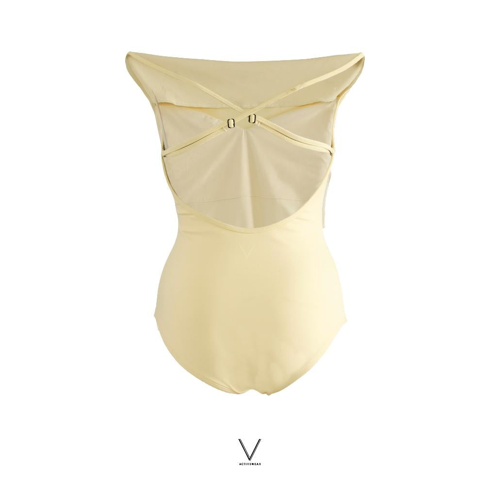 SS2026 PASTEL YELLOW DRAPED NECK SWIMMING SUIT UPF 50+