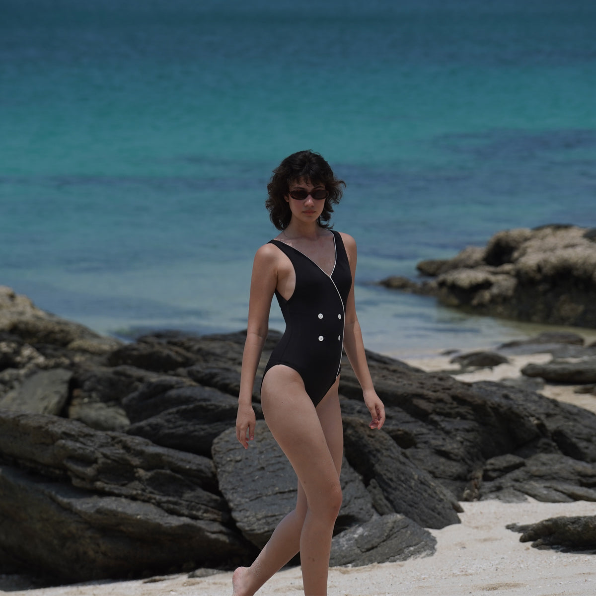 SS2024 BLACK DOUBLE BREASTED SWIMMING SUIT UV UPF 50+