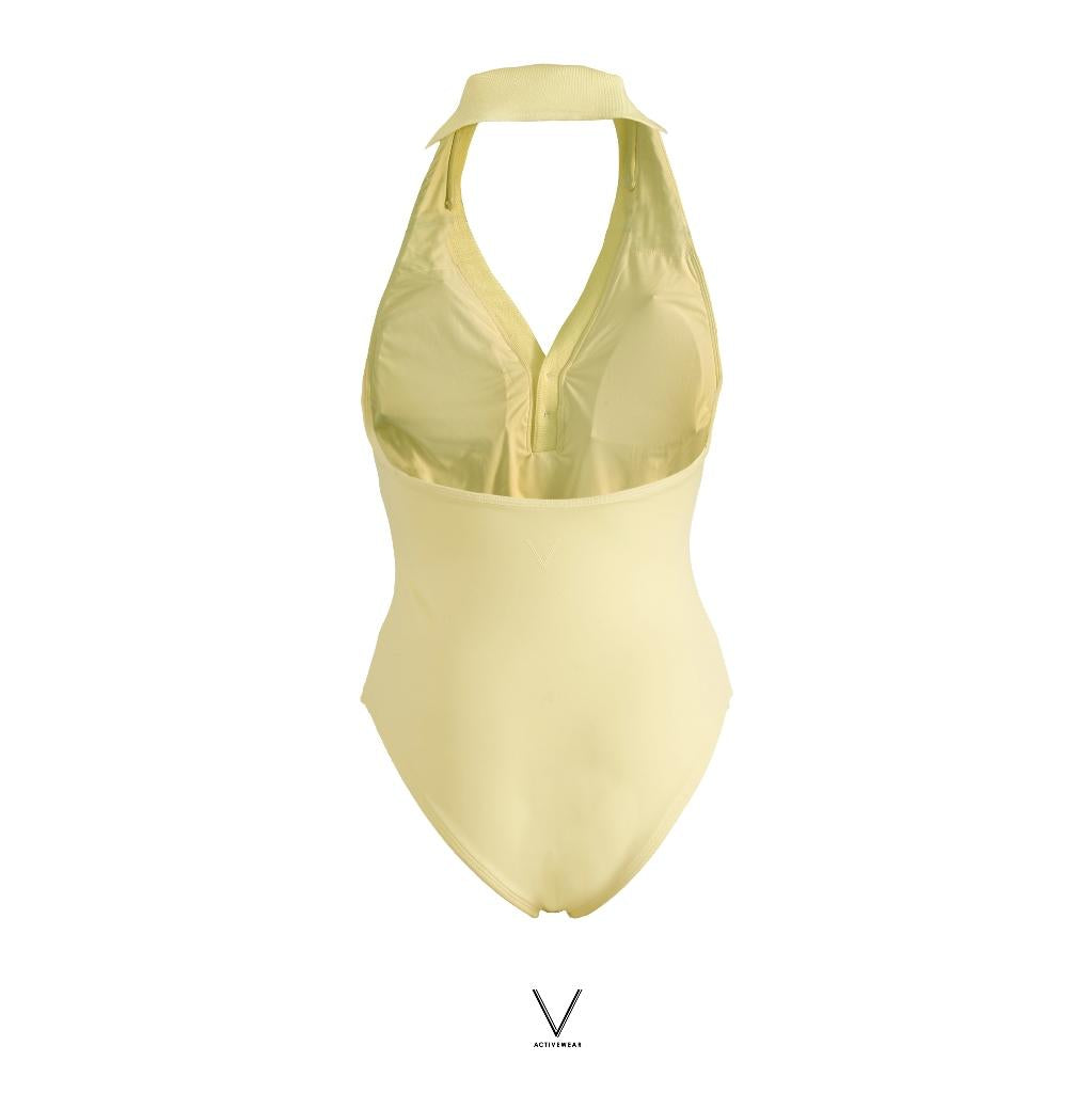 SS2026 PASTEL YELLOW HALTER NECK WITH COLLAR SWIMMING SUIT UV UPF50+