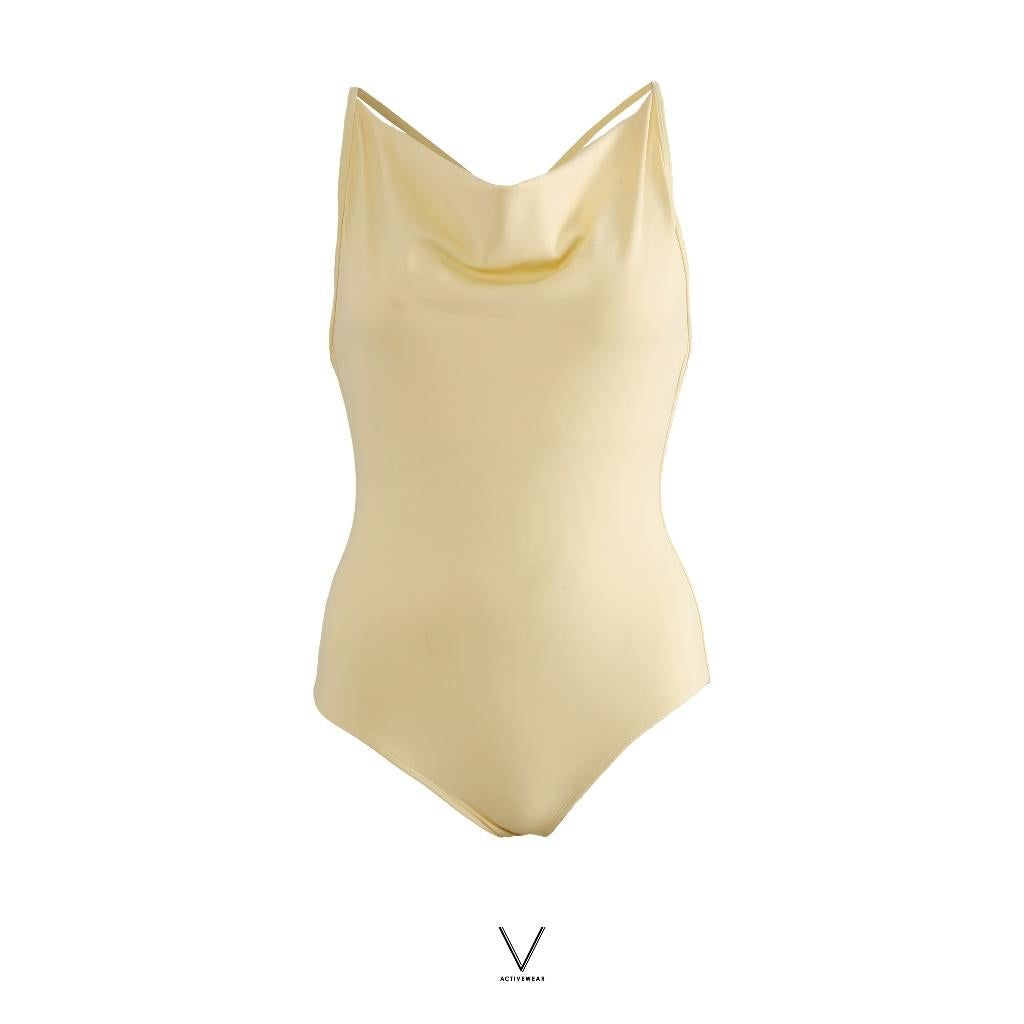 SS2026 PASTEL YELLOW DRAPED NECK SWIMMING SUIT UPF 50+