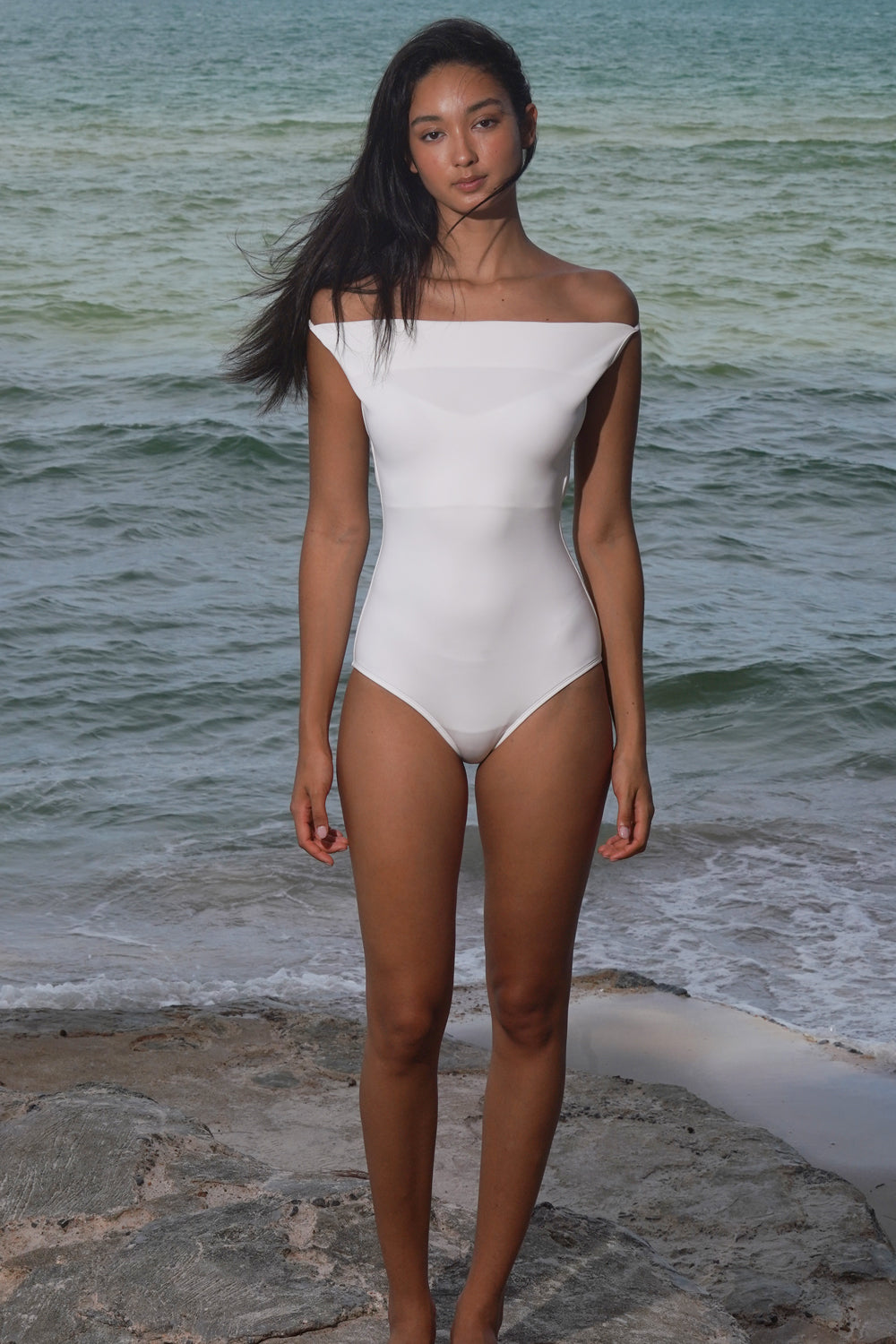 SS2026 WHITE DRAPED NECK SWIMMING SUIT