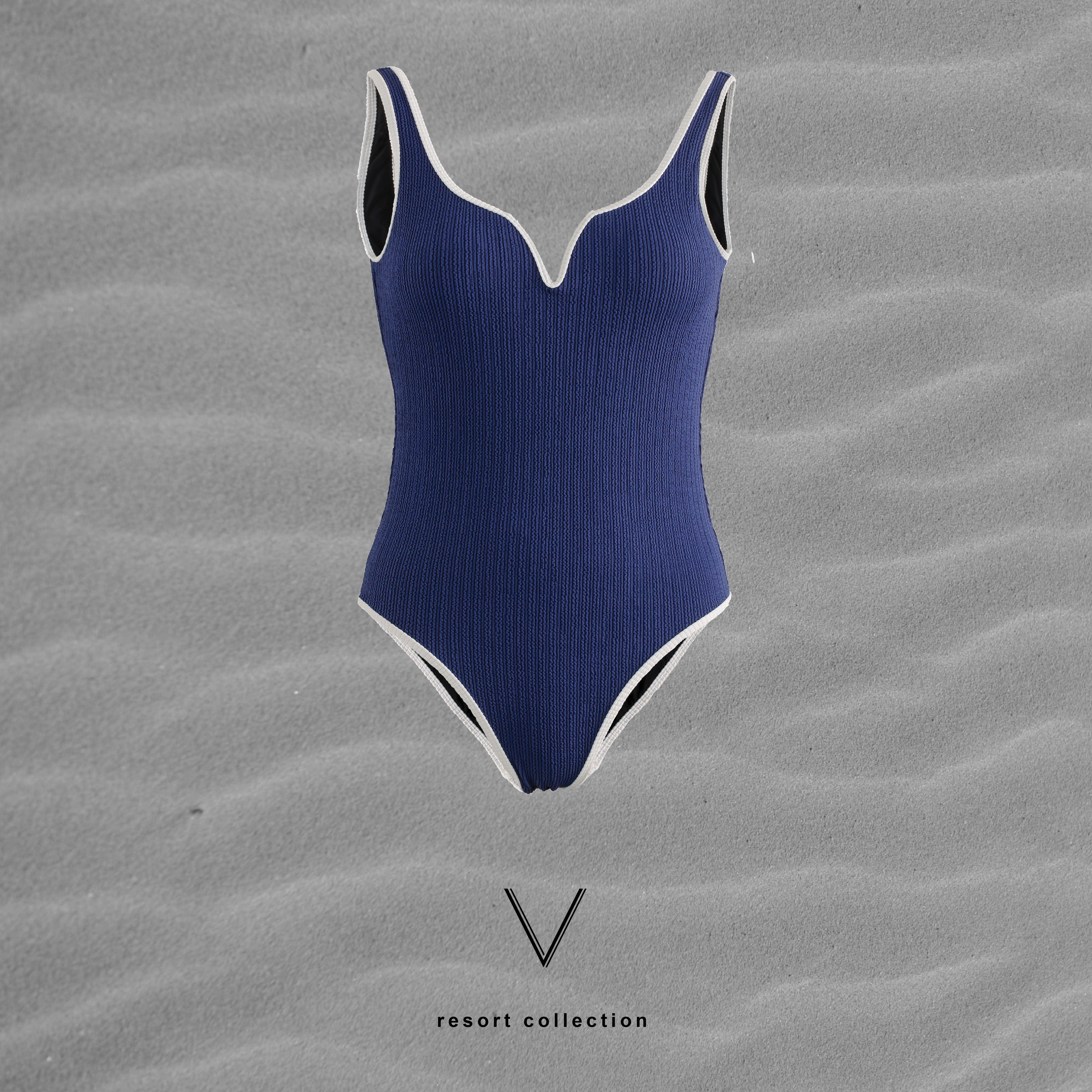 RESORT COLLECTION  NAVY TRIM WHITE SWIMMING SUIT