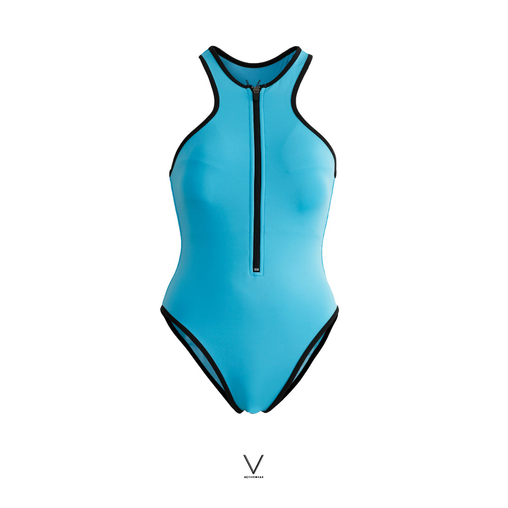 SS2025 OCEAN BLUE FRONT ZIP SWIMMING SUIT   UV UPF 50+