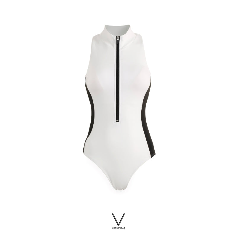 SS2024 WHITE SWIMMING SUIT WITH BLACK SIDE STRIPE UV UPF 50+