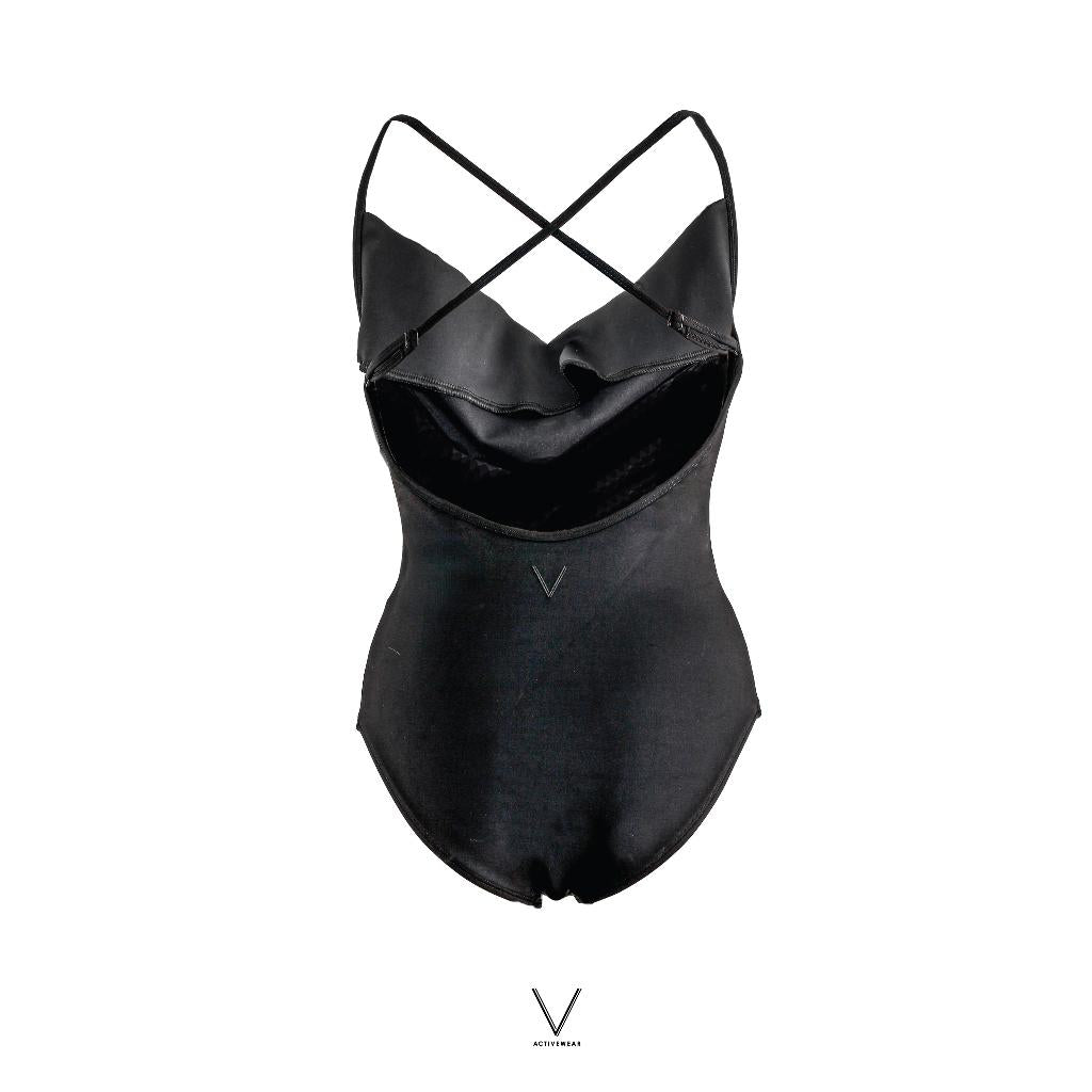 SS2026 BLACK DRAPED NECK SWIMMING SUIT  UV UPF 50+
