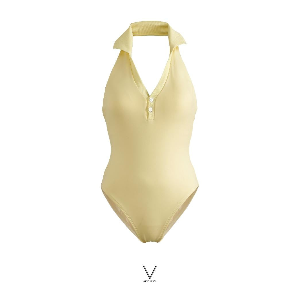 SS2026 PASTEL YELLOW HALTER NECK WITH COLLAR SWIMMING SUIT UV UPF50+