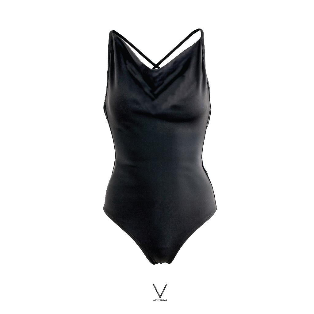 SS2026 BLACK DRAPED NECK SWIMMING SUIT  UV UPF 50+