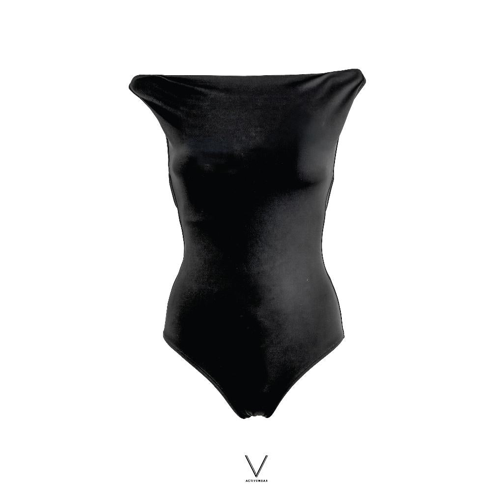 SS2026 BLACK DRAPED NECK SWIMMING SUIT  UV UPF 50+