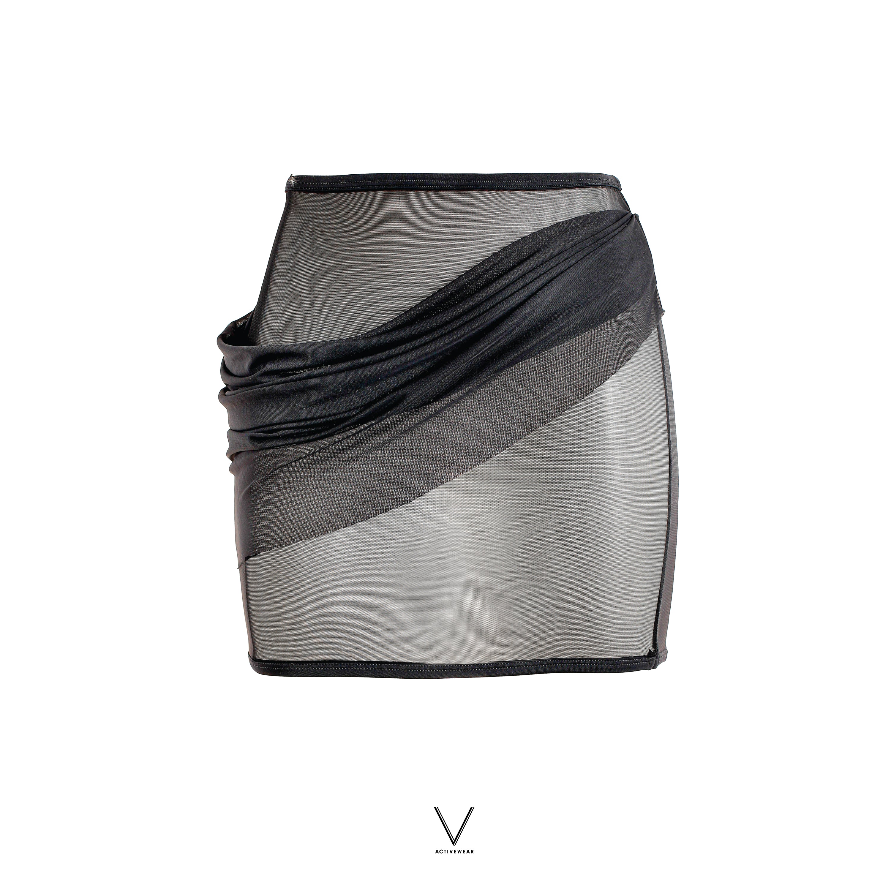 SS2026 BLACK DRAPED POWER NET MINI SKIRT