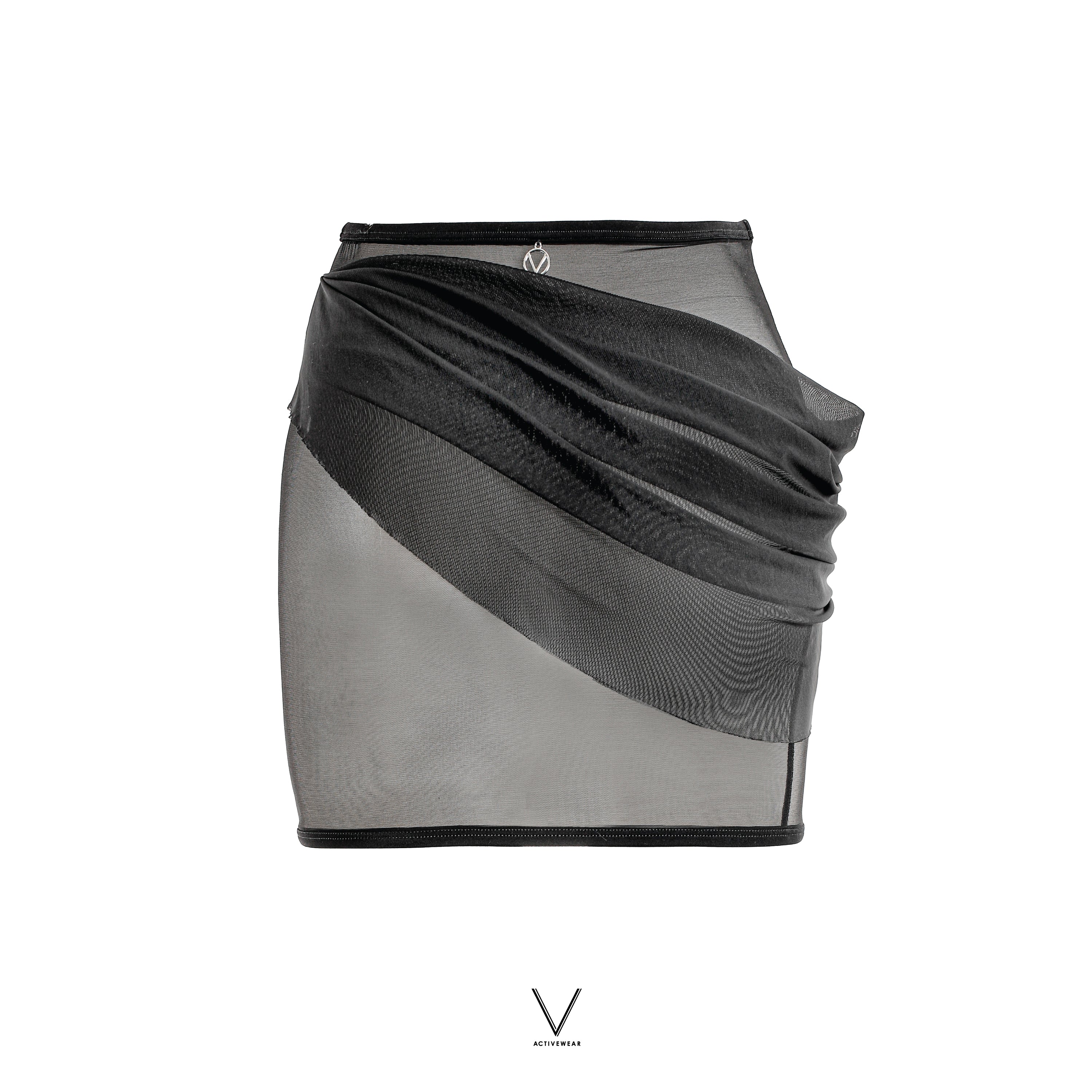 SS2026 BLACK DRAPED POWER NET MINI SKIRT
